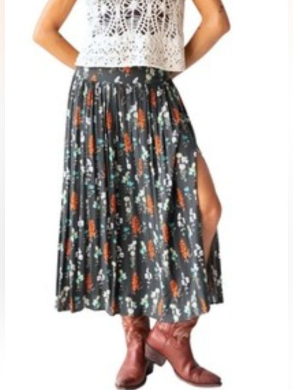 Natural Life Addie Grey Floral Midi Skirt w/ Side Slit XS